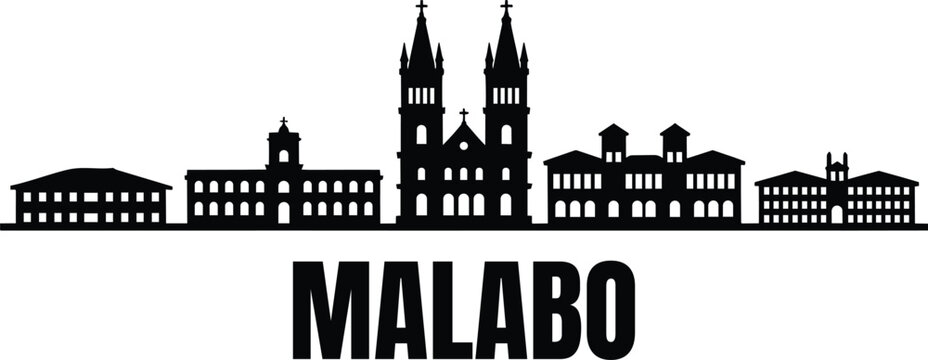 Malabo skyline silhouette featuring landmark cathedral and historic architecture above bold black capital text for travel themes and city