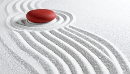 Naklejka premium Minimalist Zen garden with raked white sand and a single smooth red stone for meditation