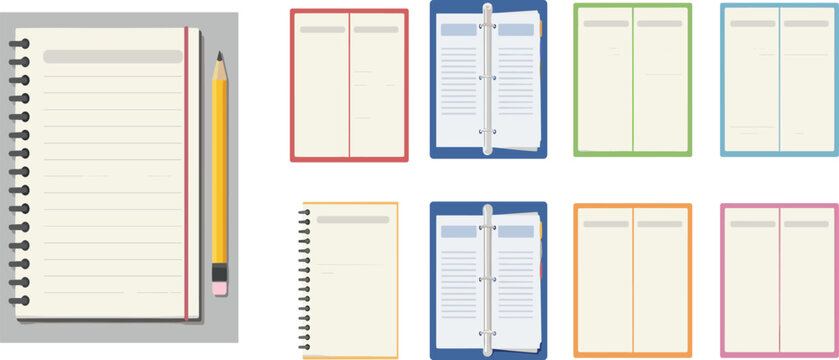 Office Notebook and Binder Collection Vector Set with Spiral Notepad Ring Binder Planner Journal and Stationery Templates
