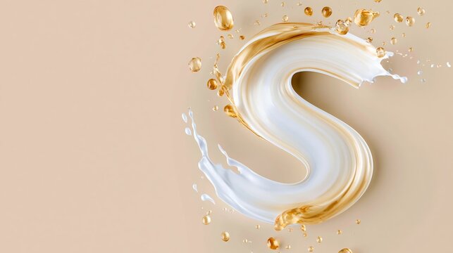 Skincare cream and golden serum liquid swirls creating the letter S shape, splashing with glossy drops on a neutral beige