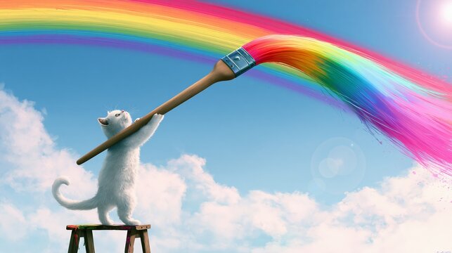 White kitten painting vibrant rainbow across blue sky, creating whimsical fantasy and expressing creative imagination