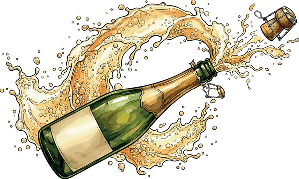 Champagne Bottle Popping with Flying Cork and Golden Liquid Splash Wave for Luxury Celebration Party Wedding New Year and Anniversary Vector Illustration