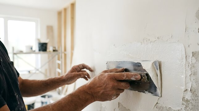 Worker applying joint compound to drywall with putty knife