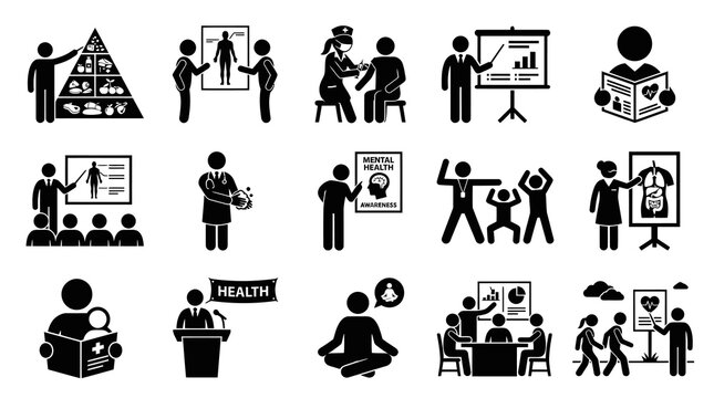 Black and White Glyph Stick Figure Icons Set Depicting Health, Wellness, Education, and Medical Awareness Concepts.