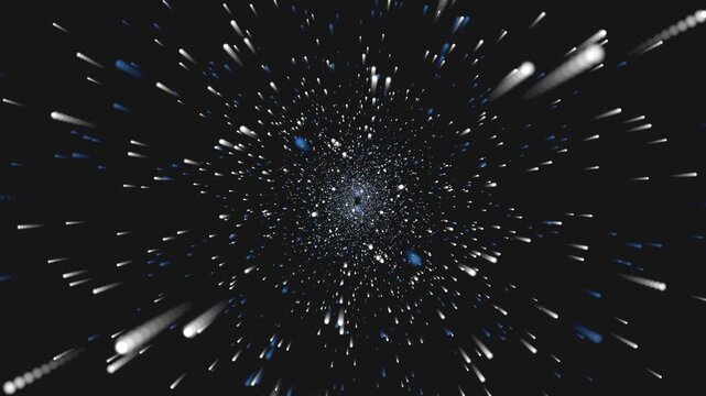 Bright particles rush past in a starry warp speed tunnel on a dark background in a cinematic 3D animation for technology brand web landing pages and headers