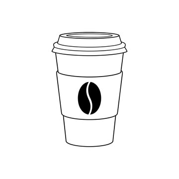 Simple line art drawing of a takeaway paper coffee cup with a coffee bean icon on the sleeve
