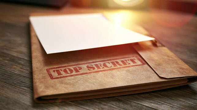 Brown classified folder stamped TOP SECRET containing secret documents, lying on a wooden desk, emphasizing security and information