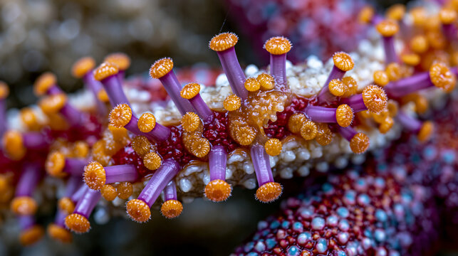 Asterias rubens tube foot array on starfish ambulacral groove exposed at extreme macro scale, suction disc terminus structure magnified, hydraulic water vascular podium extending at full length, pap