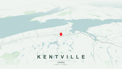 Modern minimalist vector map of Kentville, Nova Scotia. High-quality scalable illustration of Kentville geographic boundaries, Cornwallis River shoreline and valley networks for posters design. © AliRza