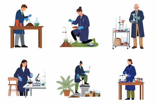 Collection of scientists and lab technicians conducting agricultural soil analysis, plant research, and chemical testing in laboratory and outdoor environments.