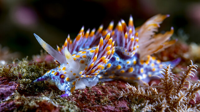 Chromodoris nudibranch cerata spines rising from mantle surface on encrusted subtidal rock, rhinophore sensory organ extended, gill plume unfurled, bryozoan encrustation providing textured foregroun