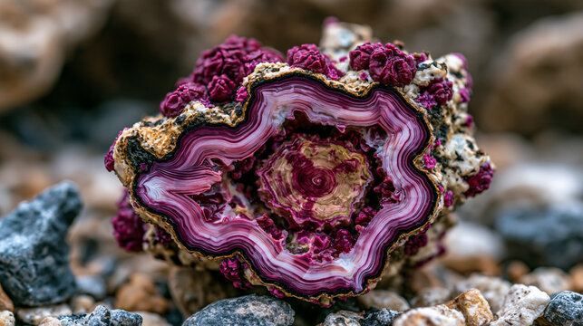 Coralline algae rhodolith free-living nodule cross-section exposing annual growth band record, calcium carbonate thallus architecture, encrusting coralline genus Lithothamnion surface texture, unatt