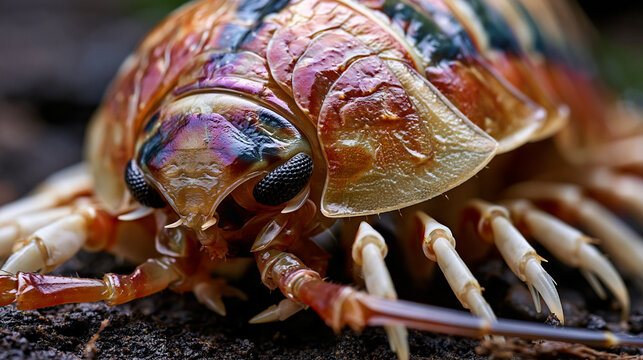 Deep sea isopod Bathynomus giganteus dorsal segmentation plate interlocking detail, compound eye facet resolution at macro scale, pereopod leg articulation preserved, abyssal gigantism body plan in 