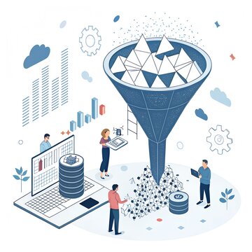 Team analyzing big data using funnel filter and digital reports with analysis business analytics technology management