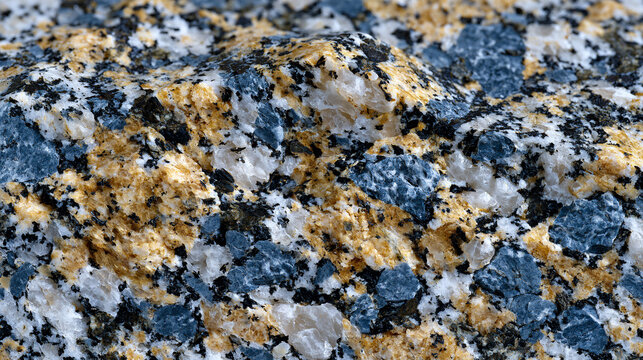 Granite slab macro surface under raking light, interlocking feldspar quartz and biotite mineral grain constellation, plutonic igneous texture, countertop material reference, geological thin section 