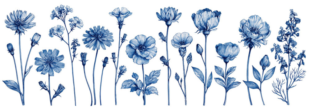Blue wildflower botanical collection illustration on transparent