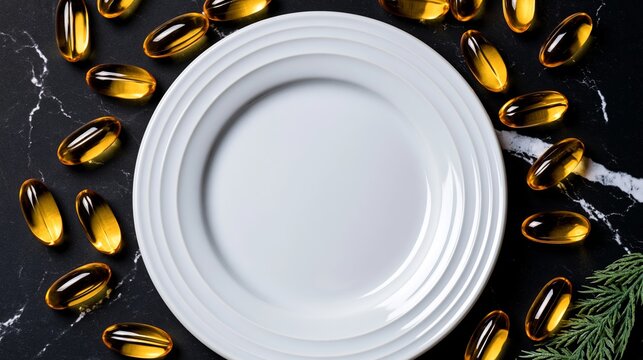 Empty white plate framed by golden softgel capsules on a dark marble surface, representing healthy eating and dietary supplements
