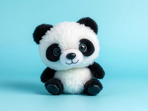 Pastel blue gradient background features a tiny panda plush with an adorable expression, soft focus, whimsical