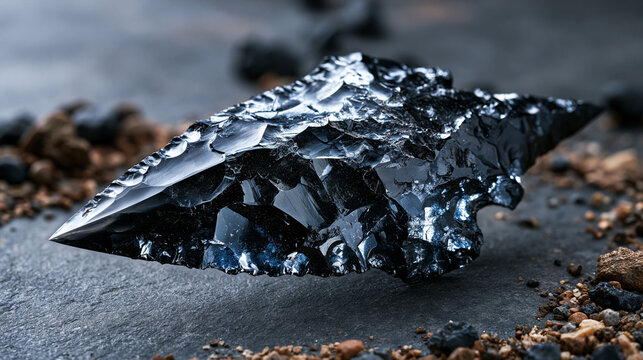 Knapped obsidian arrowhead showing conchoidal fracture edge detail under dramatic raking light, volcanic glass flintknapping craftsmanship, archaeological lithic artifact, rhyolitic silica documenta