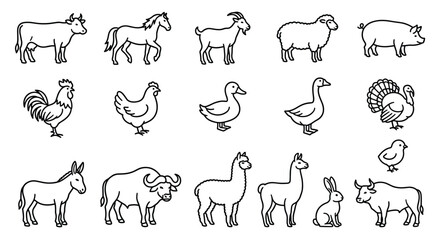Fototapeta premium Farm animal outline icon collection featuring livestock and domestic animals in minimalist black line art vector isolated on white background