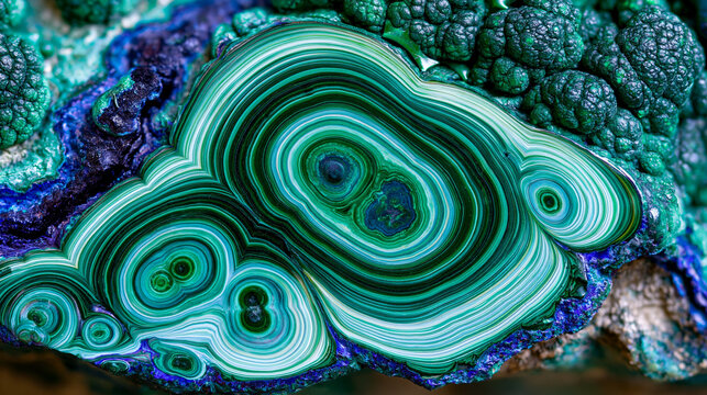 Malachite botryoidal formation surface with concentric banding macro detail, copper carbonate hydroxide mineral, Congo basin specimen, azurite matrix contact zone, vivid mineral pigment reference, p