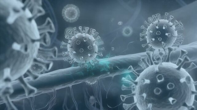 Close up 3D rendering of virus particles attacking nerve cells with DNA strands in background
