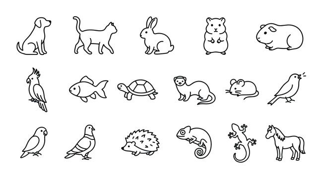 Cute small animal doodle icon collection featuring pets, birds and woodland creatures in hand drawn outline vector style
