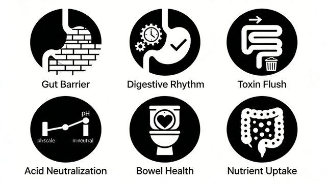 The circular minimalist icon of the gastrointestinal barrier represents the concepts of mucosal repair, digestive rhythm, and toxin elimination for gastrointestinal regulation.
