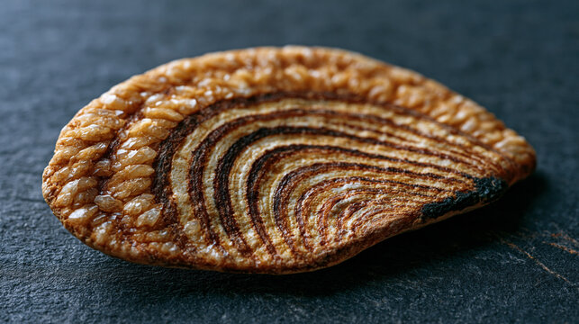 Otolith earstone from Atlantic cod Gadus morhua, annual growth ring annulus pattern readable as fish age record, surface crystalline aragonite texture, calcified structure providing species and popu