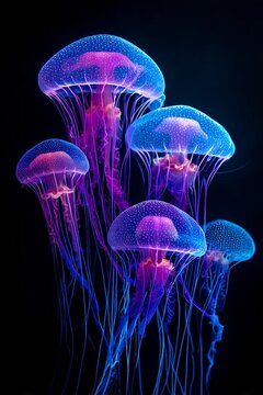 M&eacute;duses bioluminescentes flottant dans l'obscurit&eacute; des grands fonds marins. Leurs tentacules bleu n&eacute;on et violet &eacute;lectrique brillent intens&eacute;ment sur un arri&egrave;re-plan oc&eacute;anique d'un noir absolu