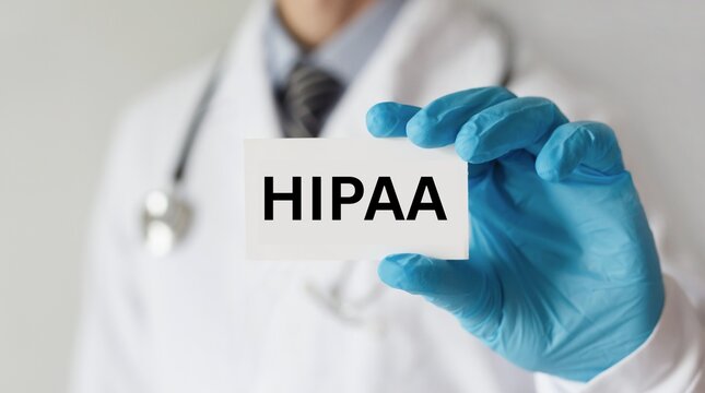 Doctor in white coat holding HIPAA card representing healthcare privacy and patient data protection compliance