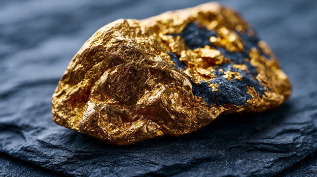 Raw alluvial gold nugget resting on dark slate, dramatic low angle sidelight emphasizing irregular surface texture, native gold specimen, placer mining geology, precious metal formation, assay refer