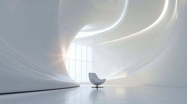 Futuristic white architectural interior featuring curved organic walls and a single modern chair at center, ambient illumination