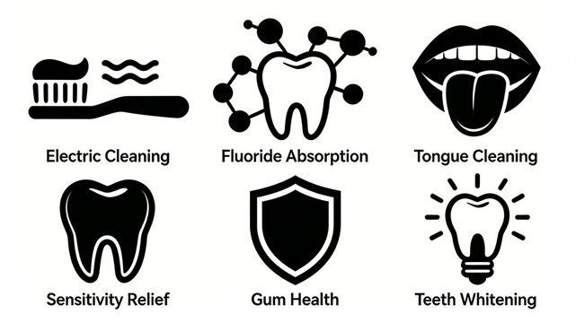 The electric teeth cleaning fluoride tongue line icon set is displayed, representing the concepts of soothing sensitivity, gum maintenance, and brightening teeth oral care.
