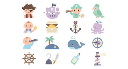 Cute Cartoon Pirate Adventure Sticker Set Featuring Boy Captain with Eyepatch, Purple Sailing Ship, Spouting Blue Whale, and Captain Hook Vector Elements
