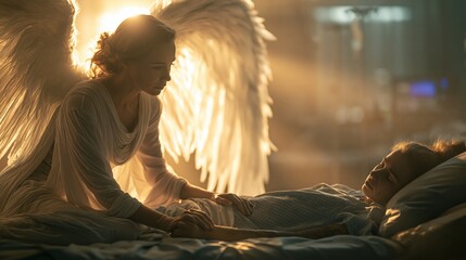 Obraz premium Luminous angel kneeling beside a hospital patient with a hand on theirs. Concept of divine comfort in illness.