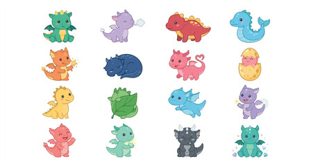 Obraz premium Cute Cartoon Baby Dragon Sticker Set Featuring Flying Serpents, Hatching Mythical Creatures, and Sleepy Little Monsters Vector Collection