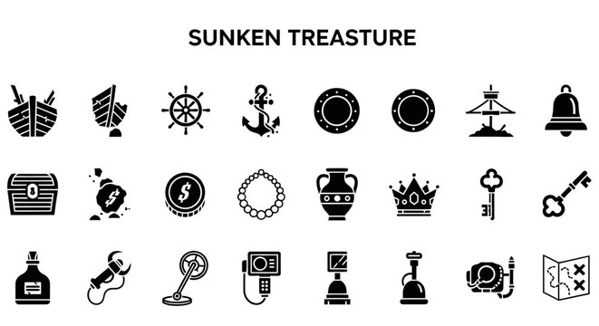 A grid of 24 black silhouette icons related to shipwreck and treasure hunting