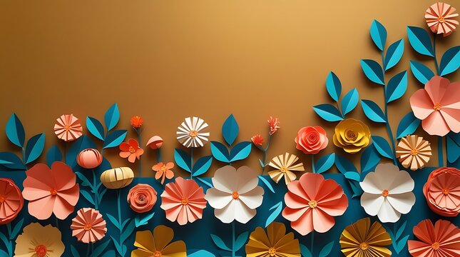 Paper flower arrangement with botanical craft elements on textured solid golden background.