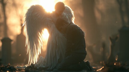 Fototapeta premium Angel wrapping wings around a person kneeling at a graveside. Concept of divine comfort in loss.