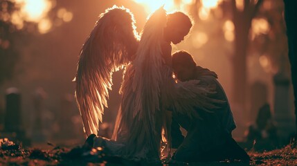 Fototapeta premium Angel wrapping wings around a person kneeling at a graveside. Concept of divine comfort in loss.