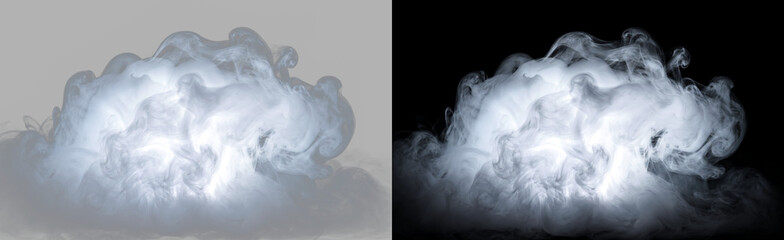 Obraz premium Light blue smoke cloud with glowing light isolated on transparent background, abstract icy fog burst effect, dynamic vapor and mist explosion overlay PNG, cutout