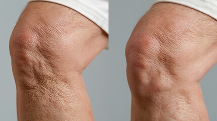 Naklejka premium Split frame showing loose skin at the inner knee versus firmer skin after treatment. Concept of knee skin tightening.