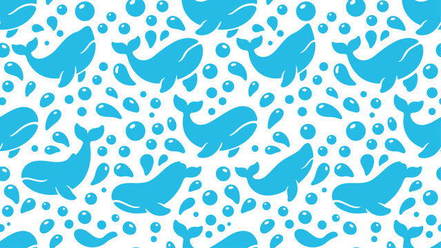 Cute Blue Whales and Bubbles Seamless Pattern. Playful Ocean Marine Life Vector Illustration for Kids and Fabric Design. Flat vector illustration EPS 10.