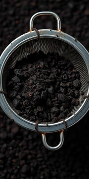 Metal mesh strainer filled with dark, fine-grained substance, grime, metal
