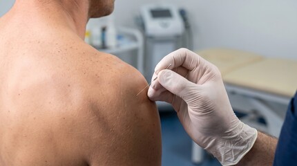Fototapeta premium Physical therapist performing sterile dry needling therapy on athlete shoulder muscle