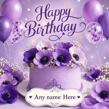 Happy birthday greeting card with elegant purple cake decorated with flowers balloons and a custom name tag for a festive celebration and special party event design