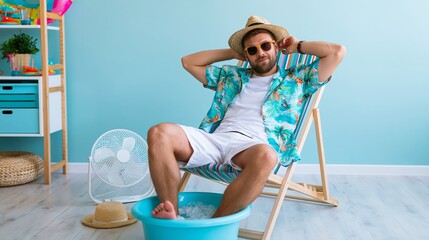Obraz premium Man wearing a tropical shirt and hat, cooling off indoors in a beach chair with a fan