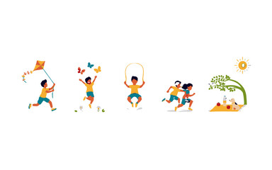 Naklejka premium A series of illustrations depicting children enjoying various outdoor activities on a sunny day.