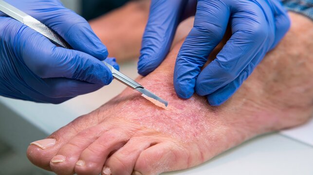 Pedicure specialist shaving a heel callus with a scalpel blade. Concept of callus removal treatment.
